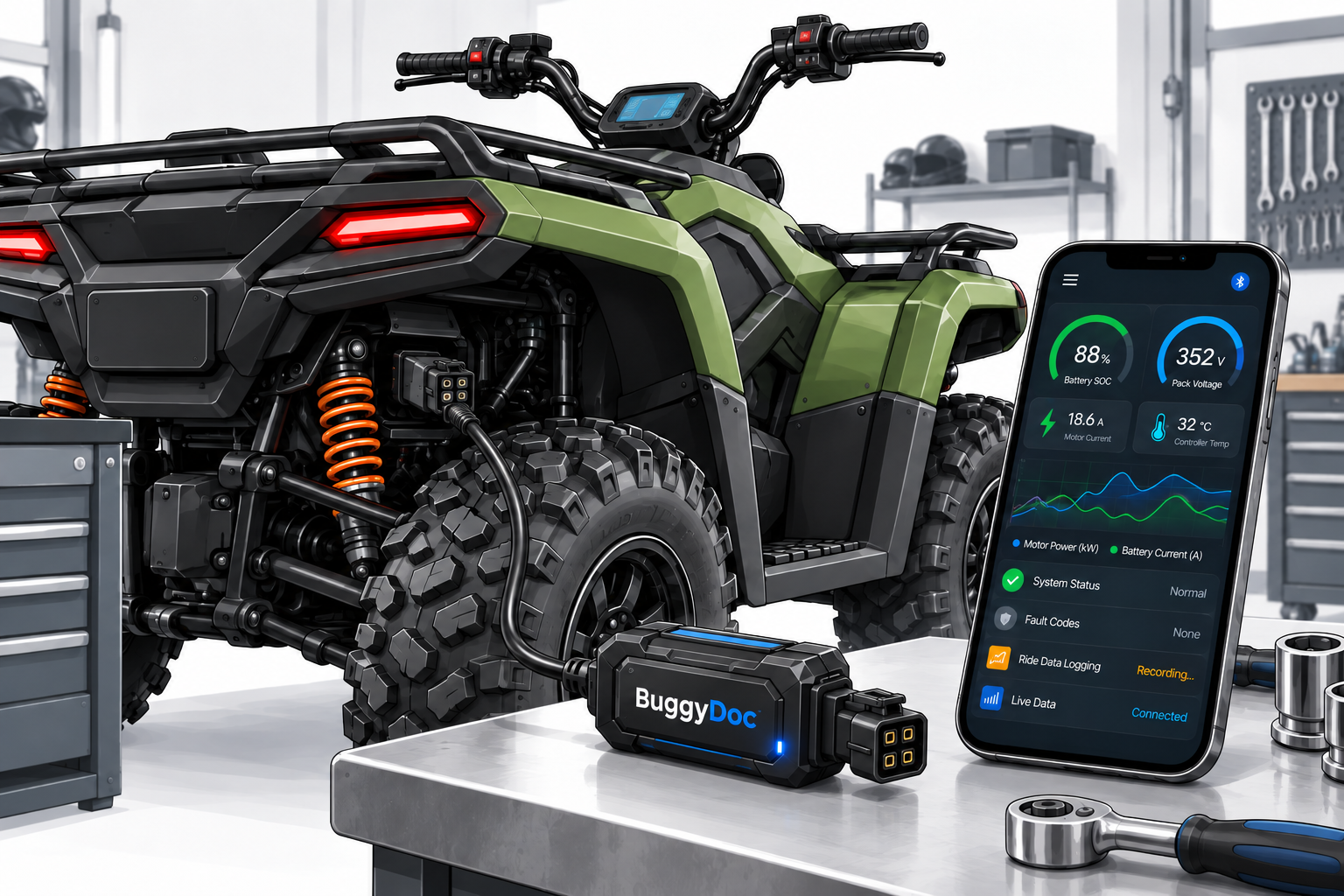 BuggyDoc concept beside an electric ATV and phone telemetry dashboard