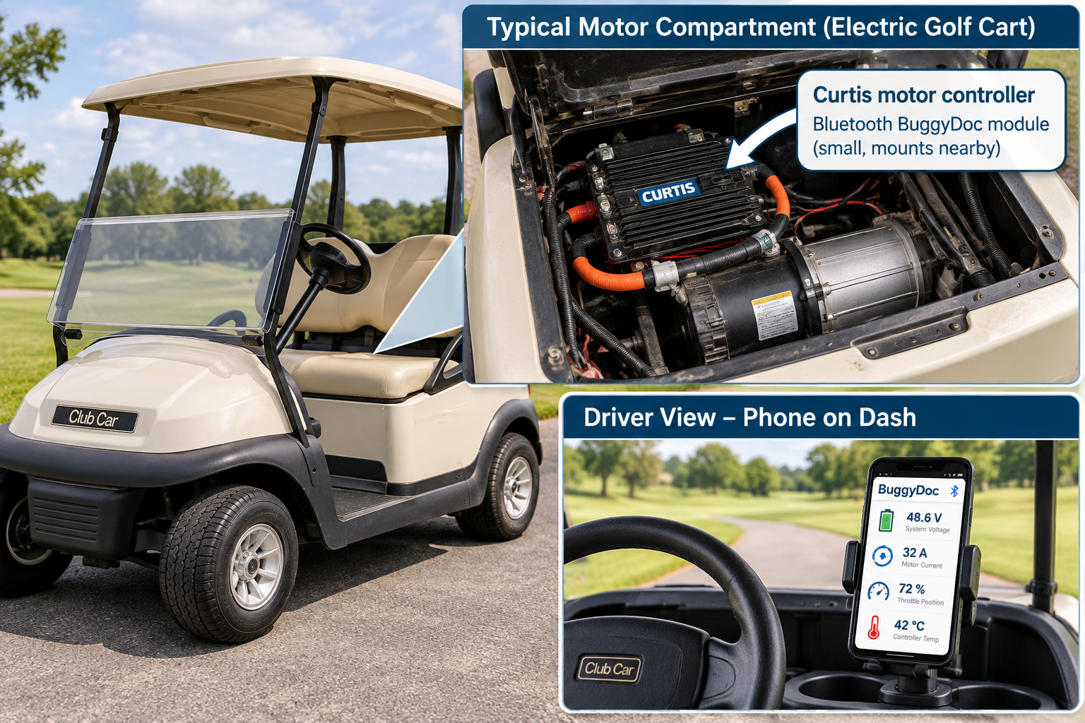 Illustrated BuggyDoc golf cart workflow showing a motor compartment connection and a phone dashboard near the driver