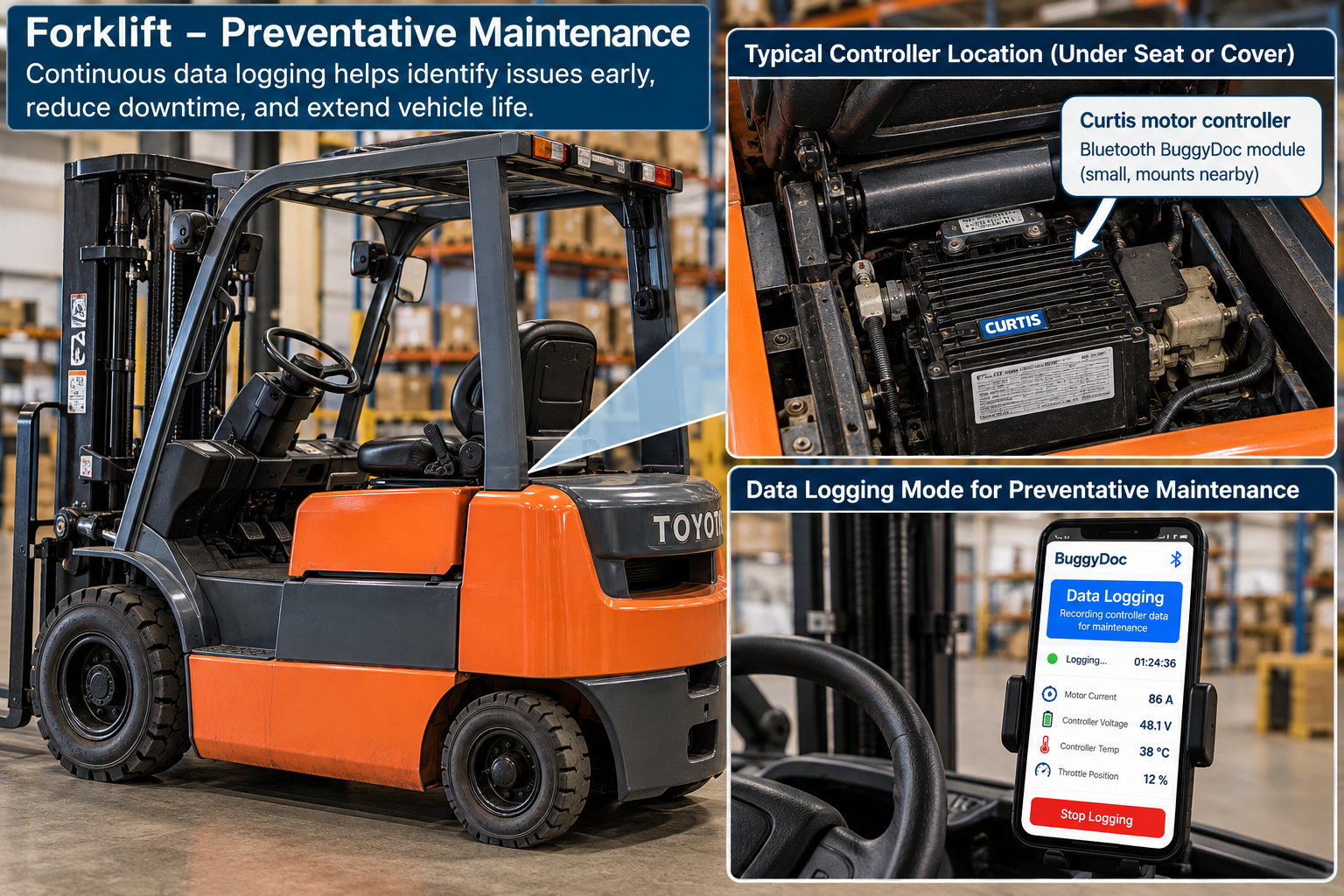 Illustrated BuggyDoc forklift workflow showing a controller compartment connection and a phone dashboard for maintenance