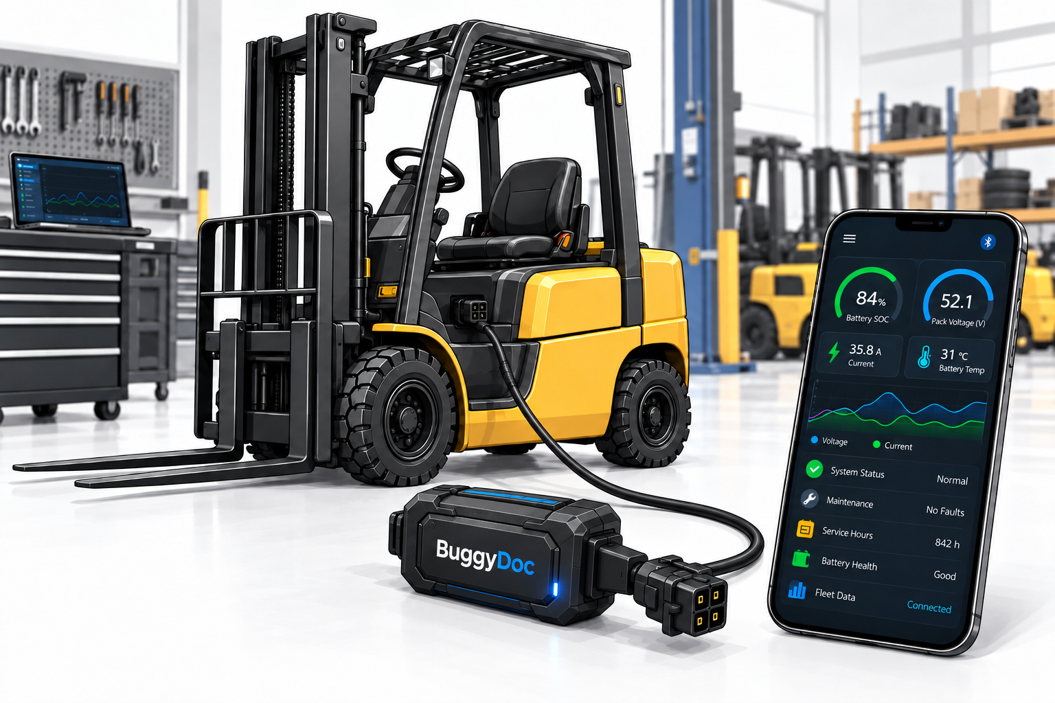 BuggyDoc concept beside an electric forklift and phone telemetry dashboard