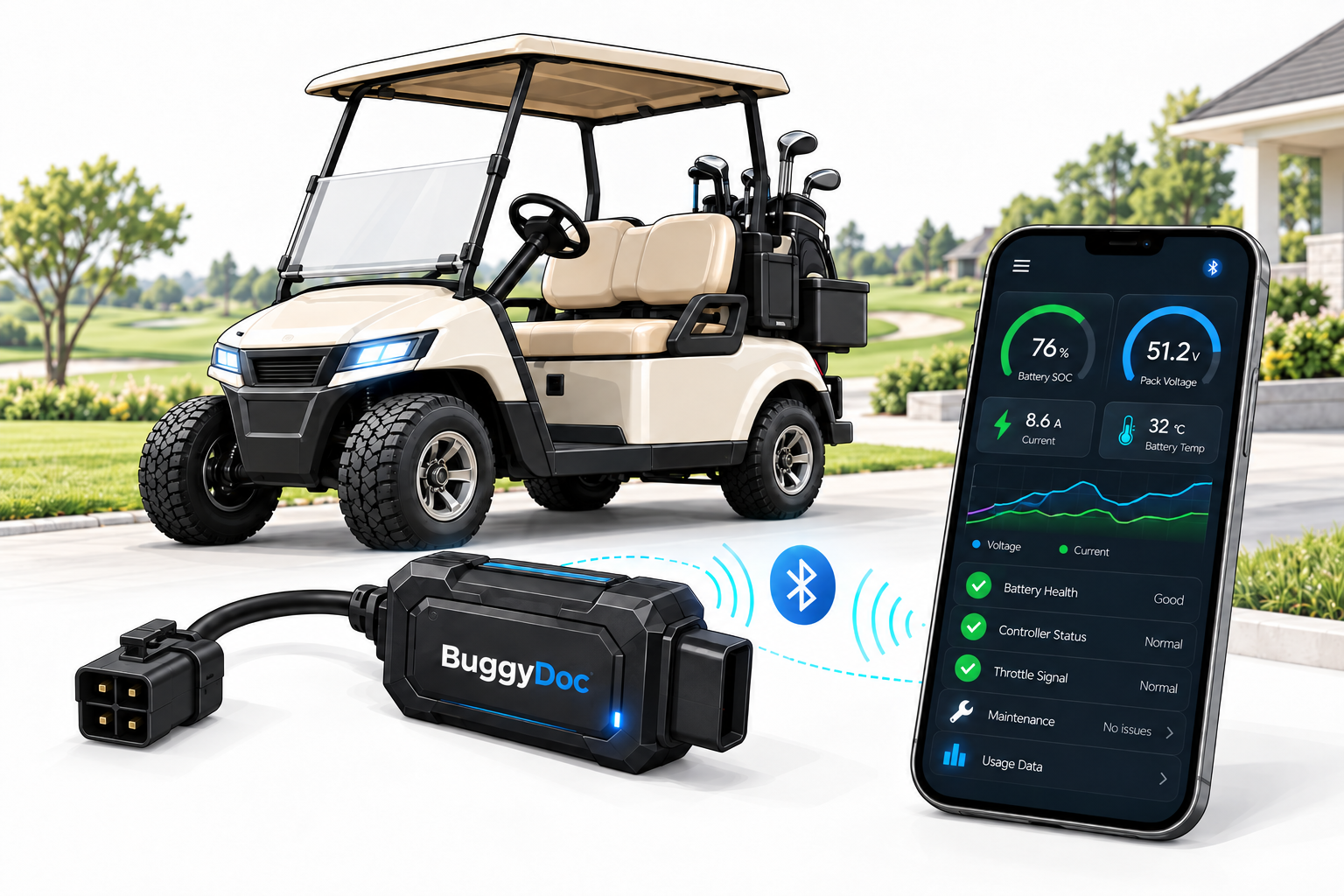 BuggyDoc concept beside an electric golf cart and phone telemetry dashboard